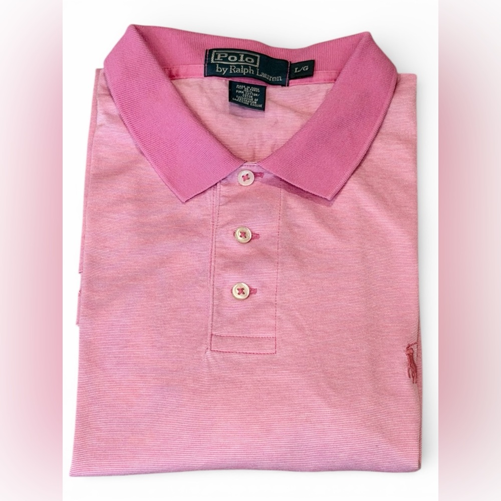 Ralph Lauren Men's Short Sleeve Pink White Stripe Collared Polo Size Large